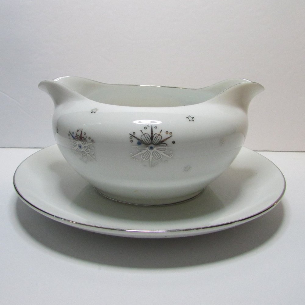 vtg Summit gravy boat attached underplate Stardust star table decor